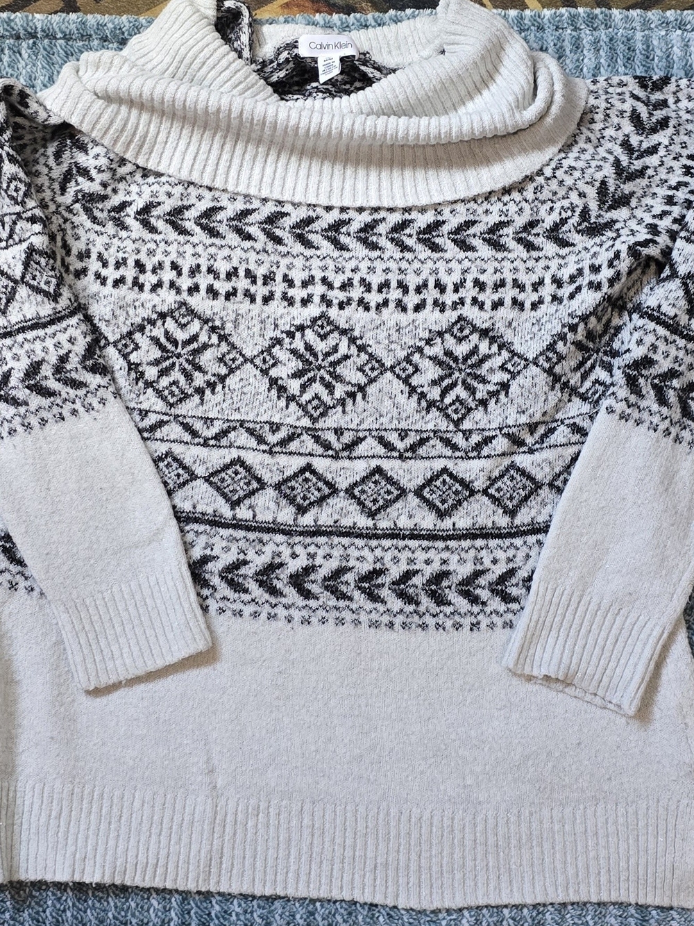 Calvin Klein Cream and Black Fair Isle Cowl-Neck Sweater